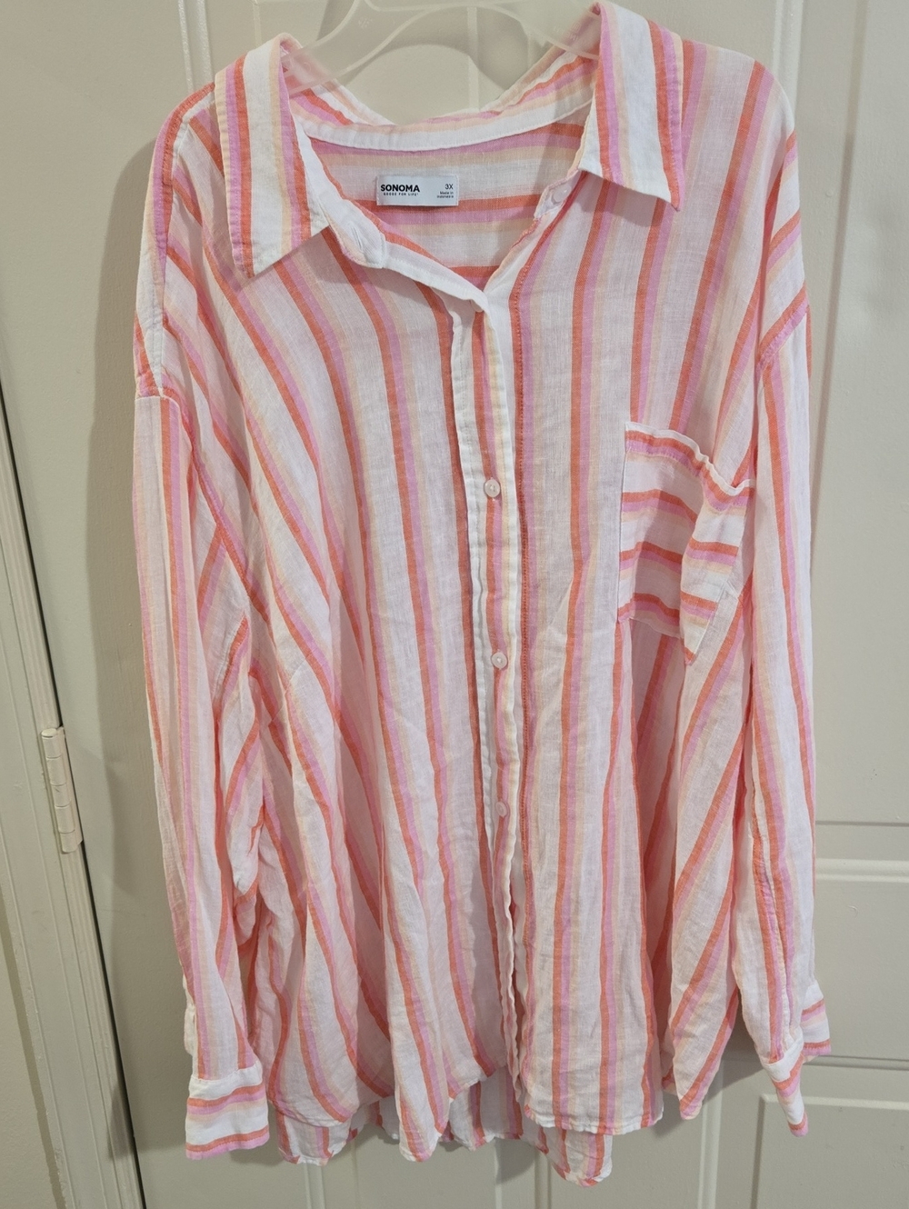 Sonoma Pink White Striped Long Sleeve Linen Blend Button Down Shirt 3X Coastal